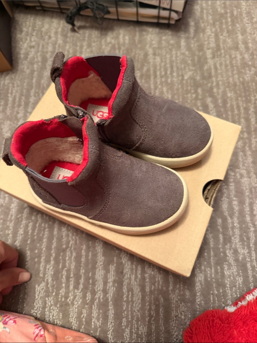 UGG Kids Brown Suede Boots with Red Interior